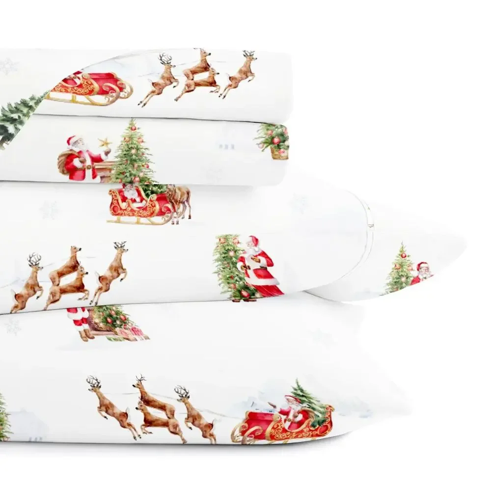 Nostalgic Santa FULL Sheet Set 4-Piece Festive Christmas Holiday Bedding New